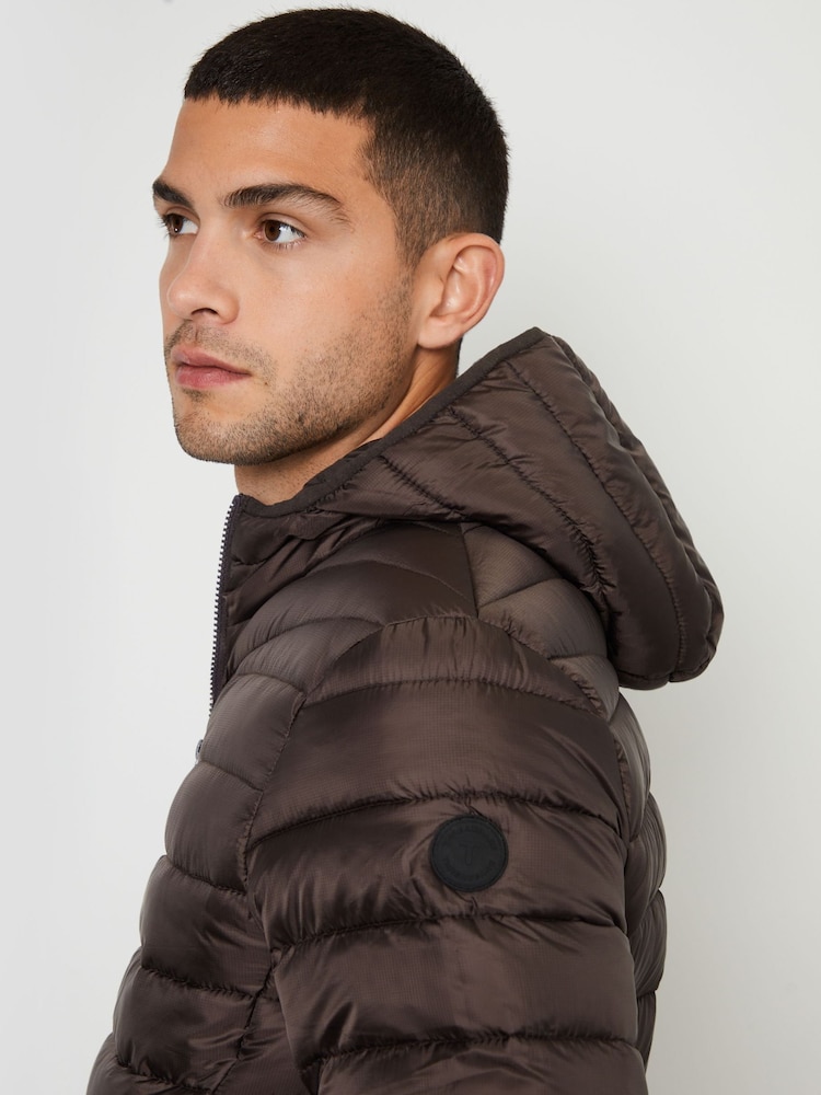Threadbare Brown Matte Finish Padded Showerproof Hooded Jacket - Image 4 of 4