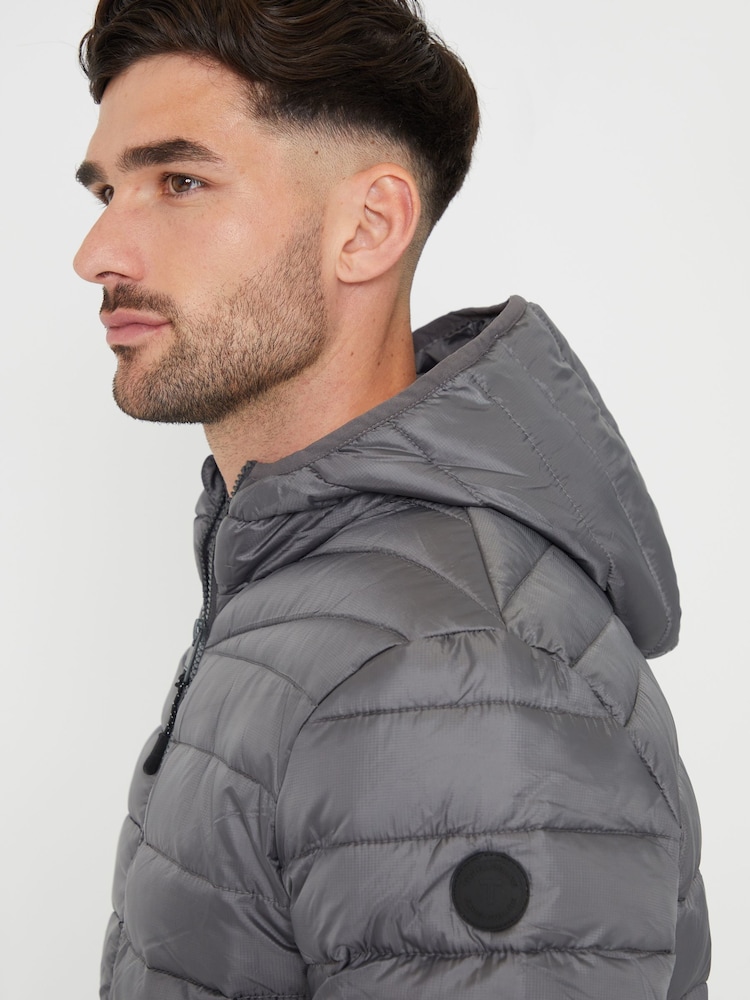Threadbare Grey Matte Finish Padded Showerproof Hooded Jacket - Image 4 of 4