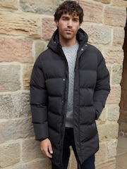 Threadbare Black Showerproof Hooded Longline Puffer Jacket - Image 1 of 6