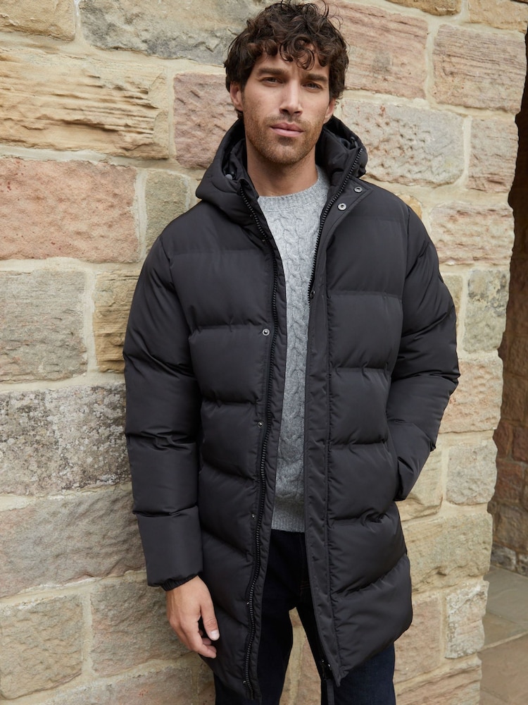 Threadbare Black Showerproof Hooded Longline Puffer Jacket - Image 1 of 6