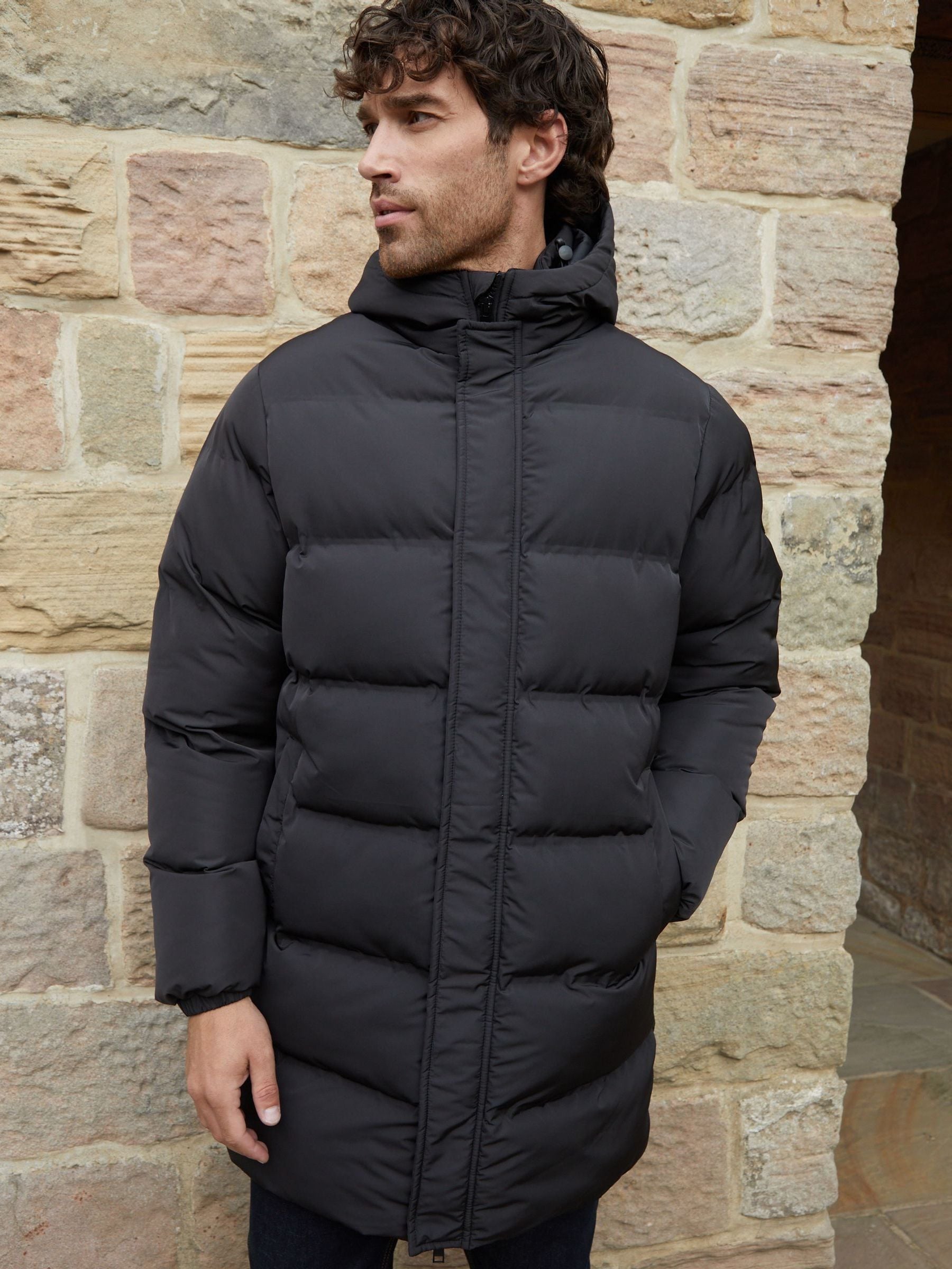 Buy Threadbare Black Showerproof Hooded Longline Puffer