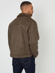 Threadbare Khaki Faux Suede Borg Lined Aviator Jacket - Image 3 of 4