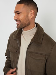 Threadbare Khaki Faux Suede Borg Lined Aviator Jacket - Image 4 of 4