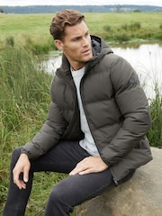 Threadbare khaki Green Black Showerproof Hooded Puffer Coat - Image 3 of 9