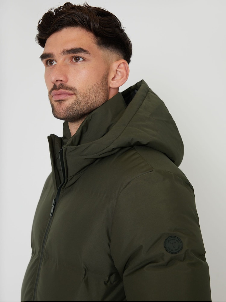 Threadbare khaki Green Black Showerproof Hooded Puffer Coat - Image 9 of 9