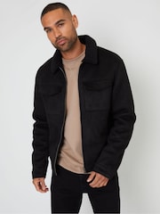 Threadbare Black Faux Suede Borg Lined Aviator Jacket - Image 1 of 4