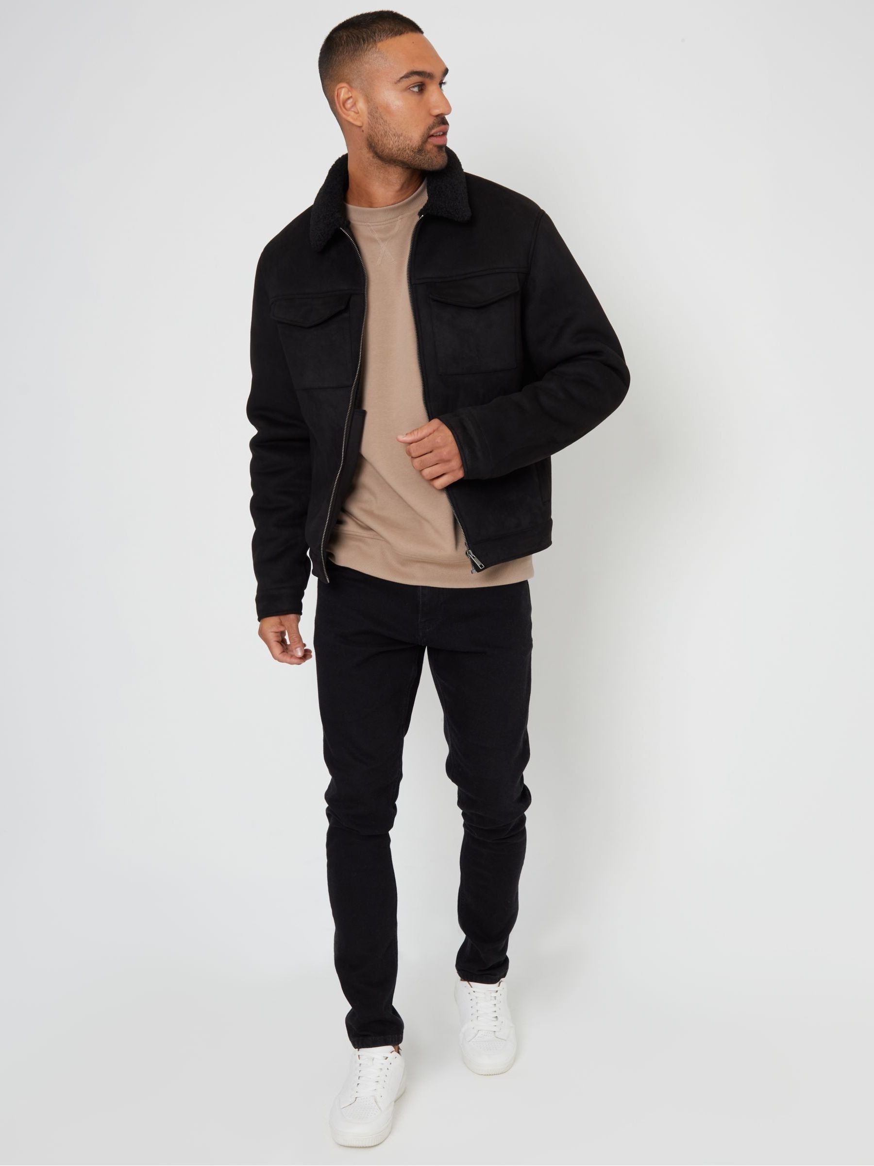 Buy Threadbare Black Faux Suede Borg Lined Aviator Jacket from