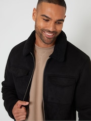 Threadbare Black Faux Suede Borg Lined Aviator Jacket - Image 4 of 4