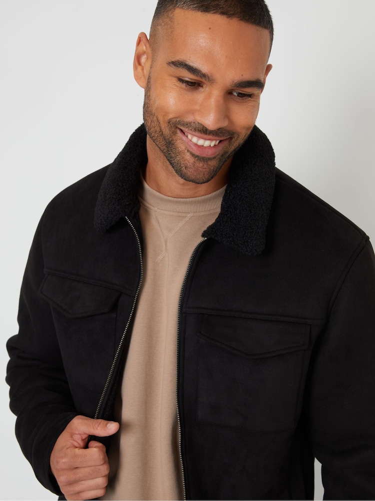 Threadbare Black Faux Suede Borg Lined Aviator Jacket - Image 4 of 4