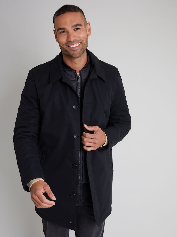 Threadbare Black Showerproof Mock Layer Padded Trench Coat - Image 3 of 4