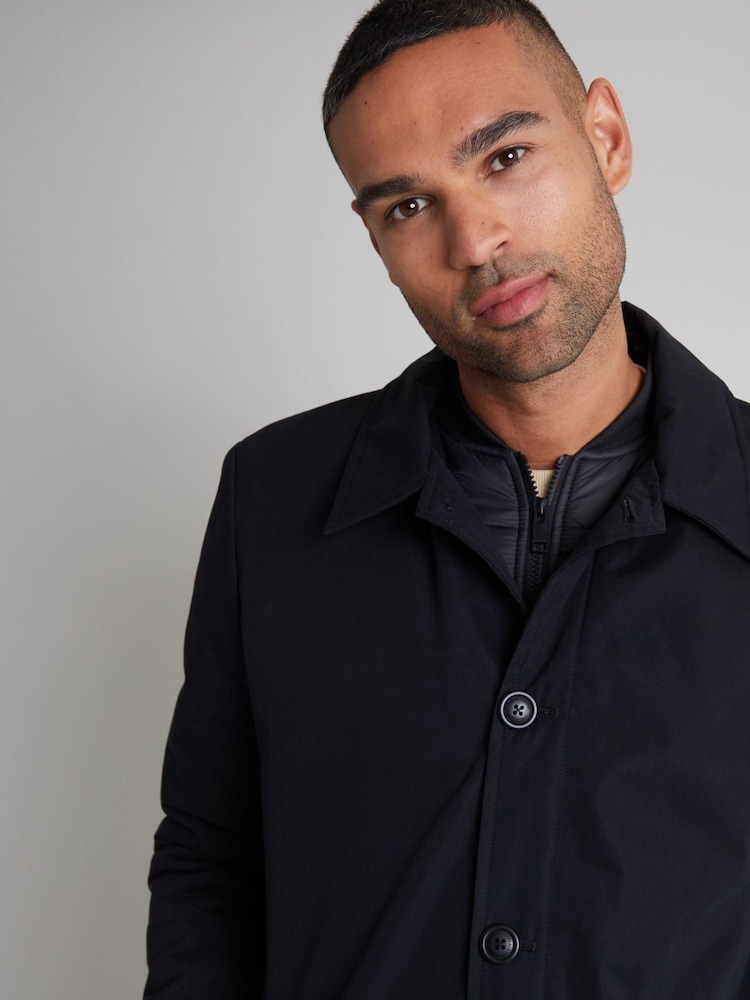 Threadbare Black Showerproof Mock Layer Padded Trench Coat - Image 4 of 4