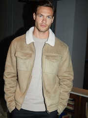 Threadbare Neutral Faux Suede Borg Lined Aviator Jacket - Image 1 of 4