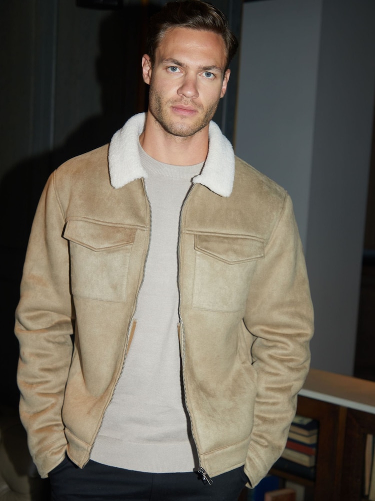 Threadbare Neutral Faux Suede Borg Lined Aviator Jacket - Image 1 of 4