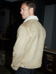 Threadbare Neutral Faux Suede Borg Lined Aviator Jacket - Image 2 of 4