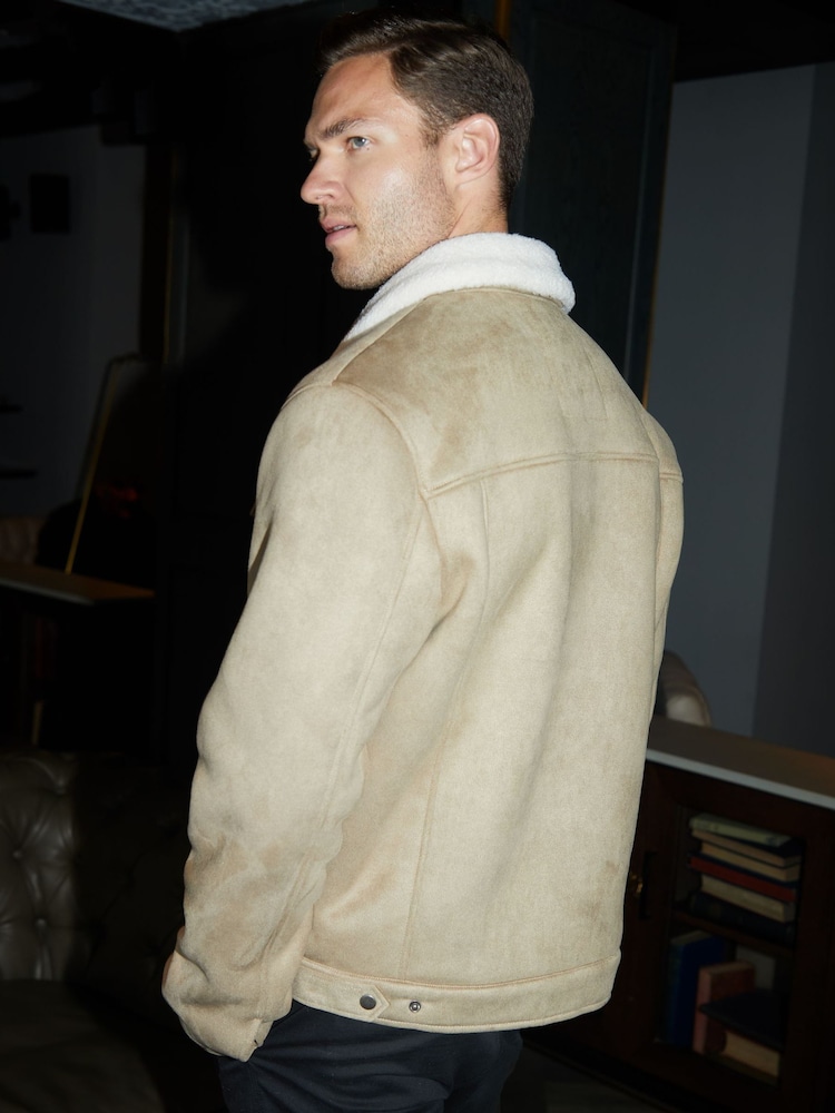 Нейтральный - Threadbare Faux Suede Borg Lined Aviator Jacket - Image 2 of 4 Нейтральный - Threadbare Faux Suede Borg Lined Aviator Jacket - Image 2 of 4