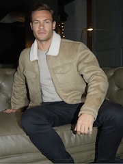 Threadbare Neutral Faux Suede Borg Lined Aviator Jacket - Image 3 of 4