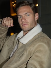 Threadbare Neutral Faux Suede Borg Lined Aviator Jacket - Image 4 of 4