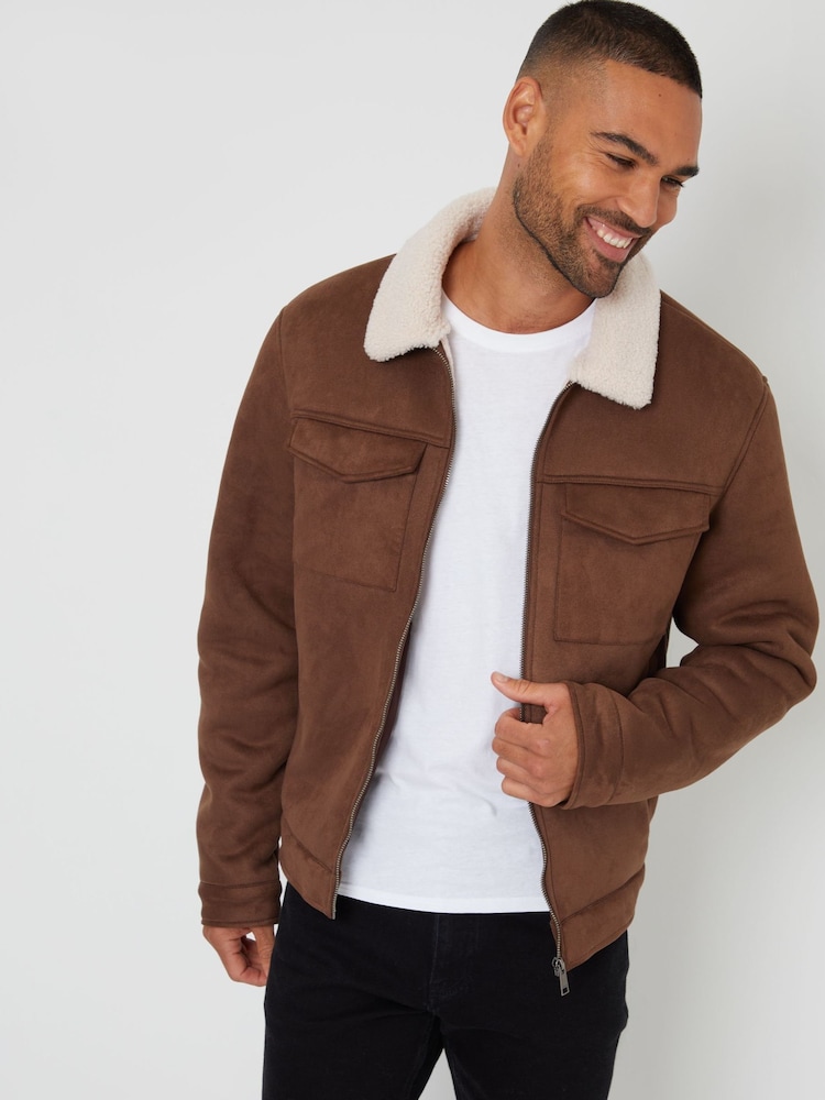 Threadbare Brown Faux Suede Borg Lined Aviator Jacket - Image 1 of 4