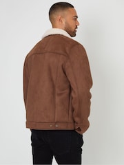 Threadbare Brown Faux Suede Borg Lined Aviator Jacket - Image 2 of 4