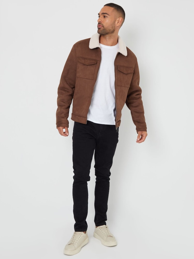 Threadbare Brown Faux Suede Borg Lined Aviator Jacket - Image 3 of 4