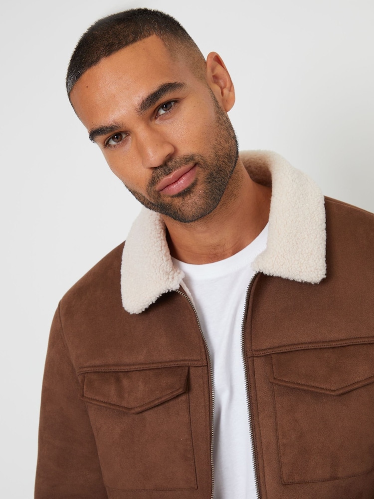 Threadbare Brown Faux Suede Borg Lined Aviator Jacket - Image 4 of 4