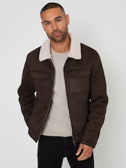 Threadbare Chocolate Faux Suede Borg Lined Aviator Jacket - Image 1 of 4