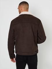Threadbare Chocolate Faux Suede Borg Lined Aviator Jacket - Image 2 of 4