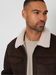 Threadbare Chocolate Faux Suede Borg Lined Aviator Jacket - Image 4 of 4