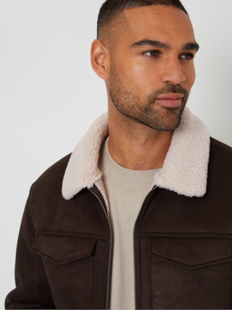 Threadbare Chocolate Faux Suede Borg Lined Aviator Jacket - Image 4 of 4