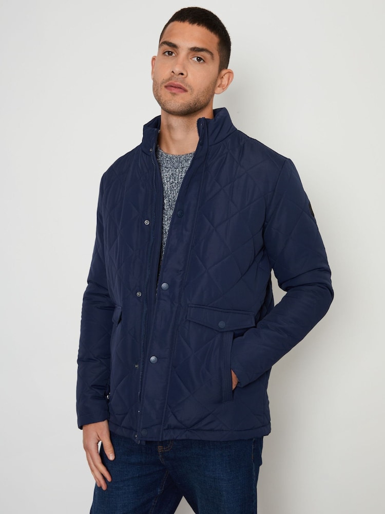 Threadbare Blue Funnel Neck Diamond Quilted Jacket - Image 1 of 5