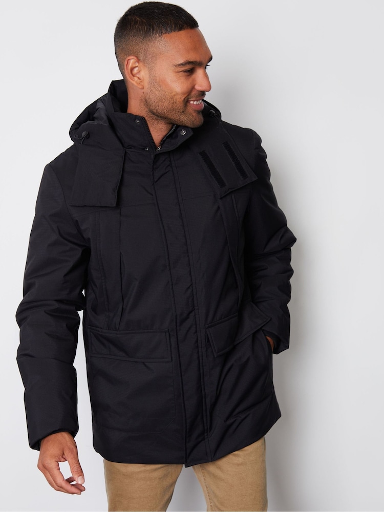 Threadbare Black Showerproof Patch Pocket Padded Hooded Coat - Image 1 of 4