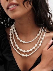 Mood Silver Tone Pearl Multirow Necklace - Image 2 of 3