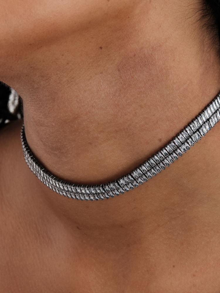 Mood Silver Tone Baguette Choker Necklace - Image 2 of 2 Mood Silver Tone Baguette Choker Necklace - Image 2 of 2
