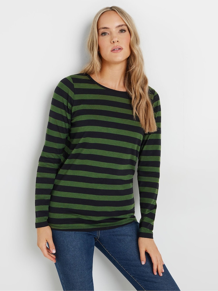 Long Tall Sally Green Stripe Long Sleeve Scoop Neck 100% Cotton T-Shirt - Image 1 of 5