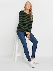 Long Tall Sally Green Stripe Long Sleeve Scoop Neck 100% Cotton T-Shirt - Image 2 of 5