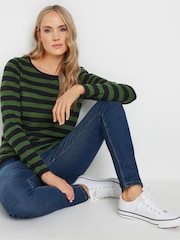 Long Tall Sally Green Stripe Long Sleeve Scoop Neck 100% Cotton T-Shirt - Image 4 of 5