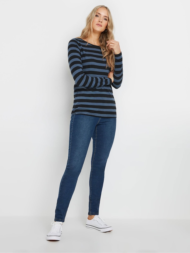 Long Tall Sally Blue Stripe Long Sleeve Scoop Neck 100% Cotton T-Shirt - Image 2 of 5
