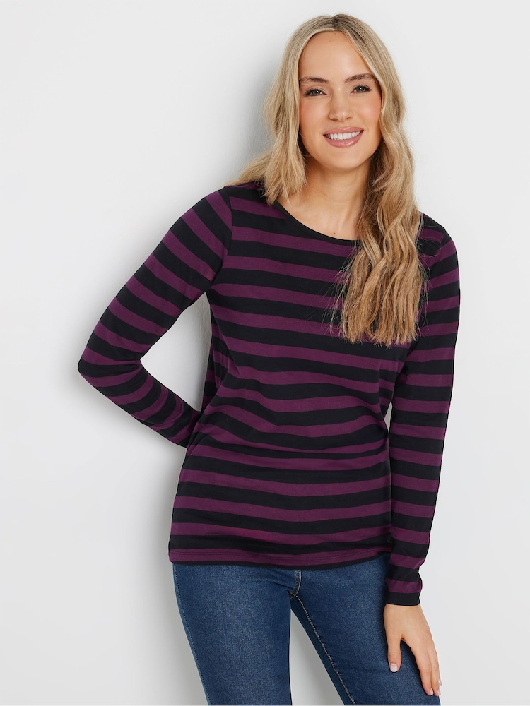 Long Tall Sally Purple Stripe Long Sleeve Scoop Neck 100% Cotton T-Shirt - Image 1 of 5