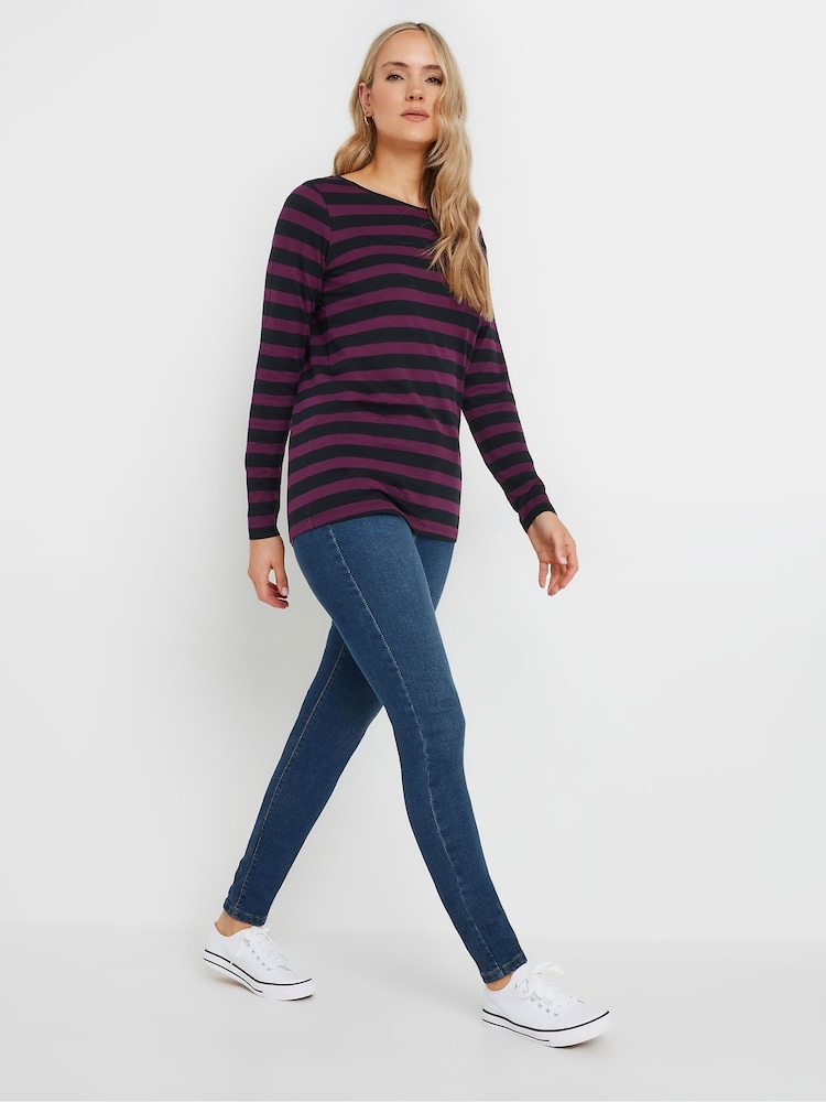 Long Tall Sally Purple Stripe Long Sleeve Scoop Neck 100% Cotton T-Shirt - Image 2 of 5