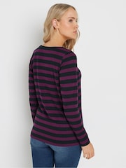 Long Tall Sally Purple Stripe Long Sleeve Scoop Neck 100% Cotton T-Shirt - Image 3 of 5