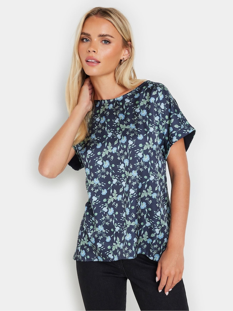 M&Co Blue Petite Woven Front Short Sleeve Top - Image 1 of 5
