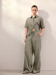 Khaki Green Wide Leg Textured Co-ord Trousers with Linen - Image 1 of 8