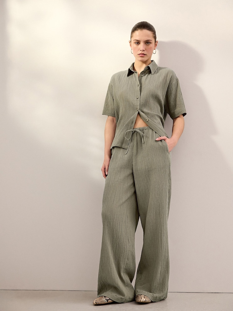 Khaki Green Wide Leg Textured Co-ord Trousers with Linen - Image 1 of 8