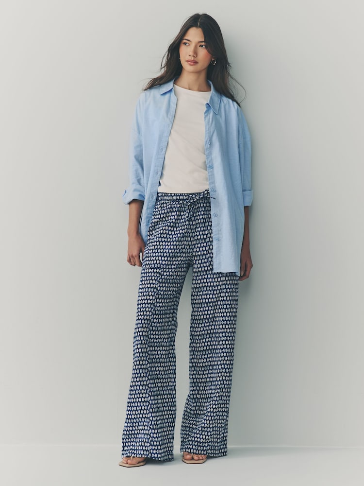 Navy Wide Leg Pull-On Linen Blend Trousers - Image 1 of 8