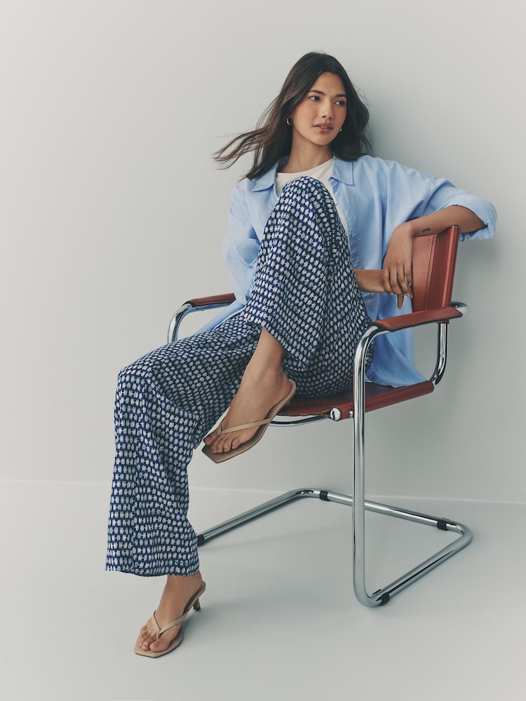 Navy Wide Leg Pull-On Linen Blend Trousers - Image 2 of 8