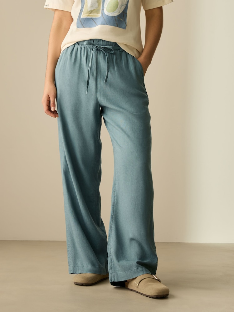 Bleu - Pantalon Blend lin large à taille nouée - Image 2 de 7