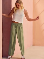 Sage Green Tie Waist Barrel Leg Linen Blend Trousers - Image 1 of 7