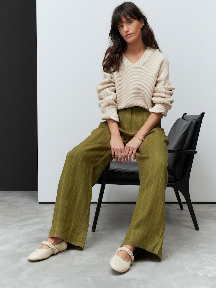Khaki Green N. Premium Smart 100% Linen Trousers - Image 4 of 9