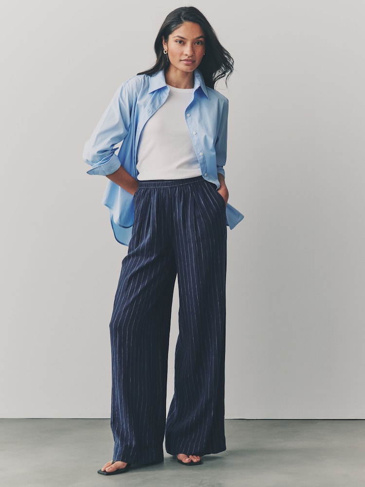 Blue Pinstripe Linen Rich Wide Leg Trousers - Image 2 of 9