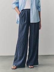 Blue Pinstripe Linen Rich Wide Leg Trousers - Image 3 of 9